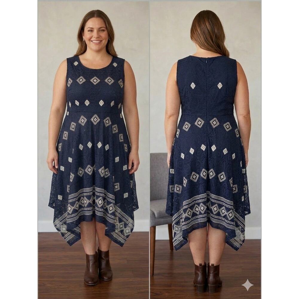Knit Works Girls Navy Blue White Design Lace Overlay Dress Size 16